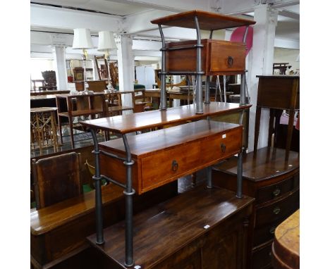 A stained beech and tubular metal console table, with 2 drawers, and matching side table 