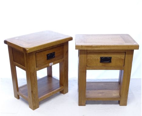 A pair of modern light oak lamp tables with single drawer, W50cm, H59cm 