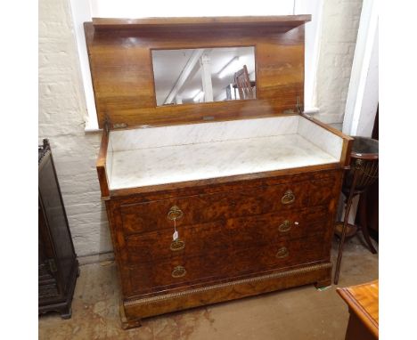 An Antique Continental walnut commode, having a mirror back and marble sliding top, with 3 long drawers under, W122cm, H100cm