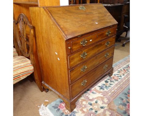 A George III mahogany bureau, with a fitted interior and 4 long graduated drawers, on bracket feet, W92cm, H106cm, D52cm 