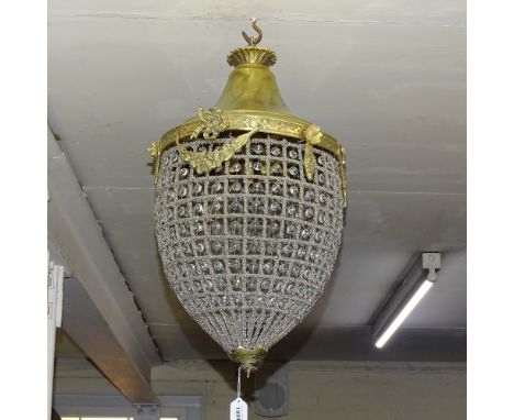 A gilt-metal and bright mesh baguette-shape pendant light fitting, L55cm 
