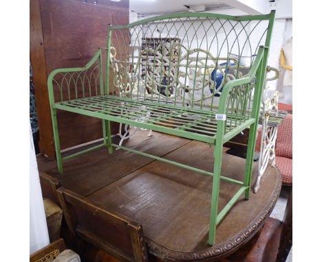 A painted green metal folding garden bench, W109cm 