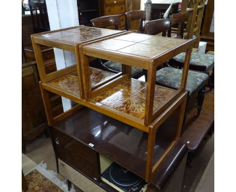 A mid-century teak and tile-top rectangular nest of 3 occasional tables 