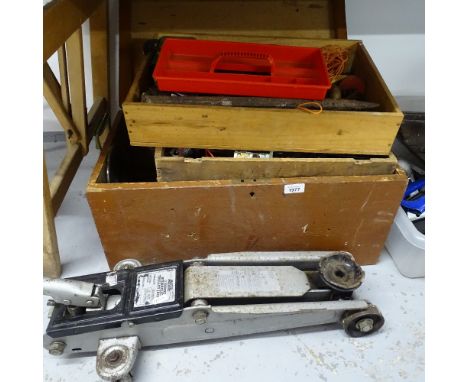 A trolley jack, a pine toolbox, and a quantity of miscellaneous tools 