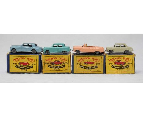 A group of four Matchbox Moko Lesney cars comprising Rolls Royce Silver Cloud, Austin A50, Ford Zodiac convertible and a Ford