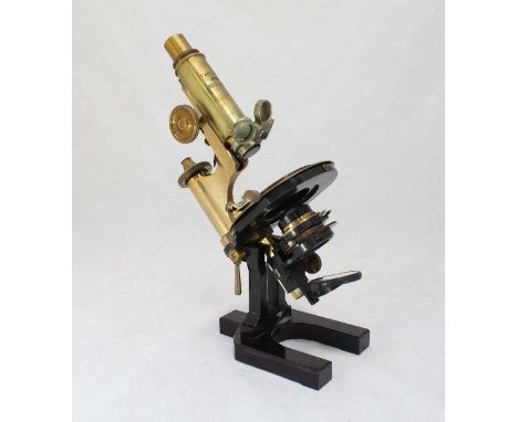 A late 19th century Carl Zeiss Jena IVa continental model brass microscope (no.27925) in original fitted wooden carry box wit