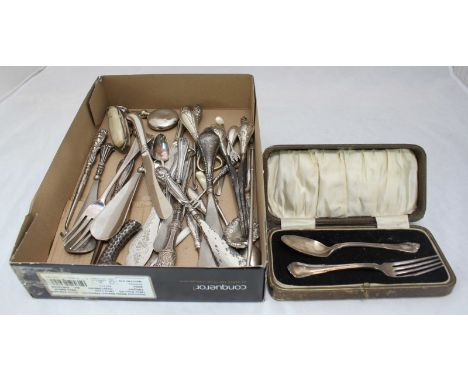 A cased silver fork & spoon christening set, together with a good quantity of silver and silver-handled button hooks, shoehor