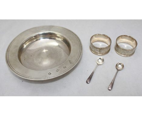 A silver Armada dish, date marked 1954, makers mark 'R&S Ltd,' together with two silver napkin rings and two silver mustard s