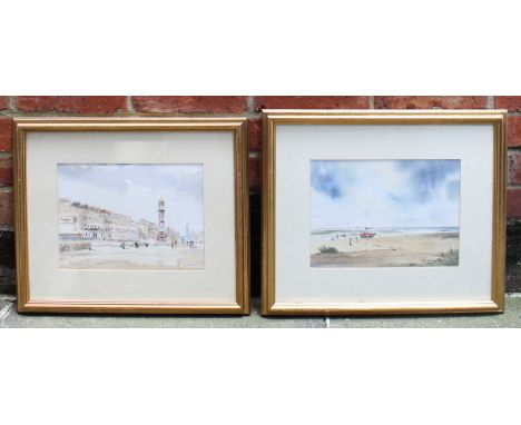 Barry Miles - A pair of watercolour studies, 'Beached Boat' and street scene with clock tower. 20 x 28cm.