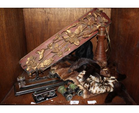 SECTION 34. A Chinese carved wooden and gilded plaque decorated with floral bird motifs, together with a wooden inkstand, a p