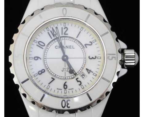 A Chanel J12 ceramic quartz ladies wristwatch, the dial with Arabic numerals depicting hours and a date aperture between the 