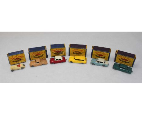 A group of six Matchbox Moko Lesney cars including a Commer pick up truck, Ford Zodiac, Hillman Minx and a Ford station wagon