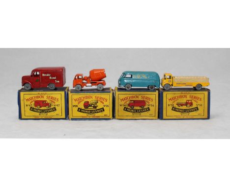 Four Matchbox Moko Lesney vehicles comprising cement mixer, cement transport lorry and two vans, one being a Volkswagen, mode
