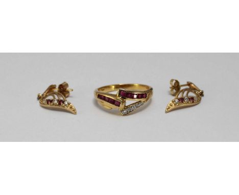 An 18ct gold ruby and diamond ring set with five diamonds and ten rubies, together with a pair of 9ct gold earrings of simila