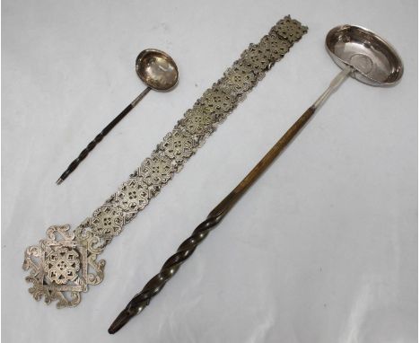 A Georgian silver toddy ladle with twisted horn handle and inset coin (AF), together with an unusually small Georgian silver 
