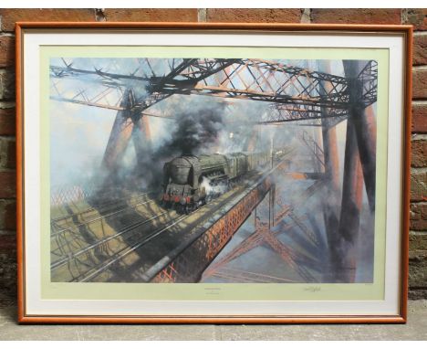 David Shepherd (b.1931) 'Over the Forth' steam engine crossing a bridge. Signed, limited edition print number 821/850. 60 x 8