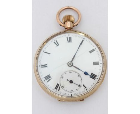 A 9ct gold open-faced pocket watch, white enamel dial (cracked), with Roman numerals and subsidiary seconds dial, keyless mov