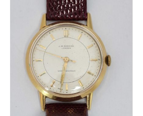 An 18ct gold gents wristwatch by J.W. Benson, with white enamel and batons denoting the hours, 17-jewel Cyma movement, 32mm c