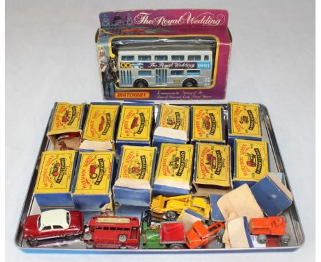 A collection of Matchbox Moko Lesney vehicles in varying conditions, including Eight boxed vehicles, such as a Meteor Sportsm