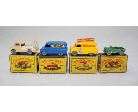 Four Matchbox Moko Lesney vehicles comprising Land Rover, Bedford Dunlop van, Evening News van and a Bedford milk flout, mode