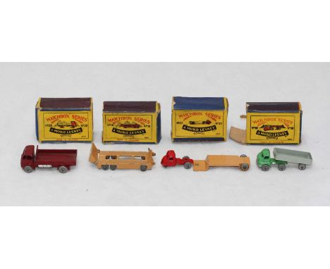 A group of five Matchbox Moko Lesney vehicles including a British Trailer company flatbed lorry, another two lorries and a ca