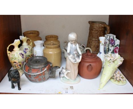 SECTION 13. A collection of various ceramics, including a Lladro figure of a girl 'Following her cats' two Chinese Yixing tea