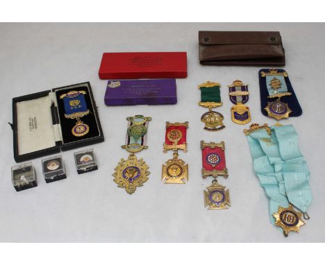 A collection of Freemason's jewels including a 9ct gold Royal Order of Antediluvian Buffaloes medal, the central Buffalo head