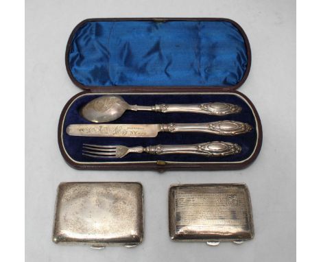 Two silver cigarette cases, hallmarked Birmingham 1919 and 1930 respectively, together with a Victorian three-piece silver ch