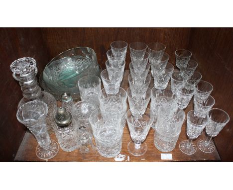 SECTION 43. A quantity of assorted cut glass drinking glasses, including wine glasses, tumblers, a decanter and three bowls, 