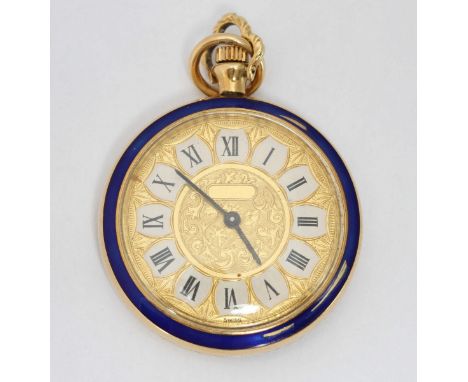 A ladies early 20th century Continental 18k gold and blue enamel open-face pocket watch, foliate-engraved gold dial with whit