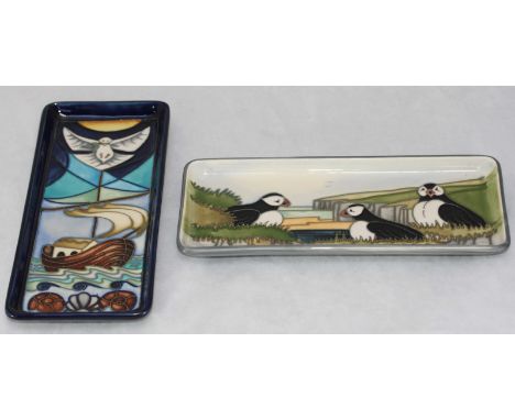A Moorcroft ceramic rectangular pin dish 'Winds of Change' designed by Rachel Bishop, signed and dated 1999, together with a 