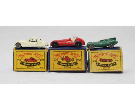 Three Matchbox Moko Lesney cars, including a Jaguar XK140, Jaguar D-type and a Maserati 4CLT racing car, model numbers 32, 41
