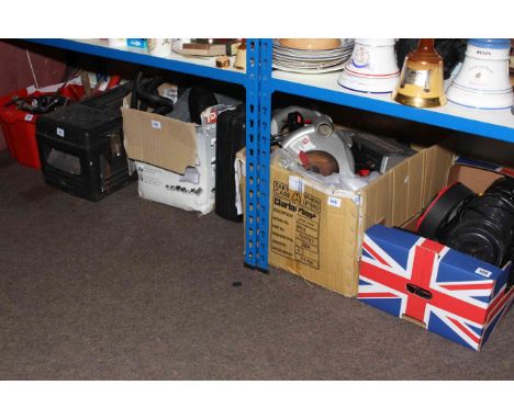 Collection of tools including hand tools, circular saw, etc.