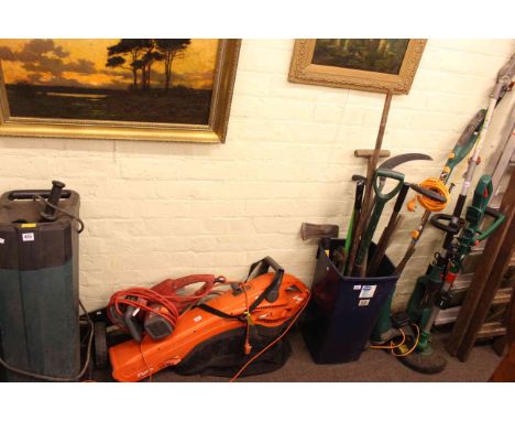 Garden shredder, five electrical garden tools including chain saw and tub of hand tools.