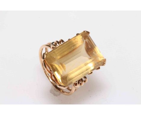 Large rectangular Citrine ring set in yellow gold (marks worn but tests as 18 carat).