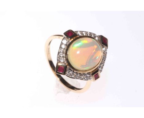 9 carat yellow gold 2.5 carat Ethiopian Opal and Burmese Ruby and Zircon dress ring with certificate, size Q.