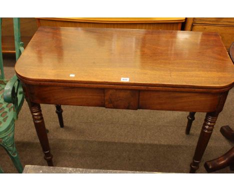 Victorian mahogany fold top tea table on ring turned legs, 75cm by 96cm by 48cm (closed).