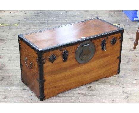Oriental camphorwood and metal bound trunk, 48cm by 90cm by 40cm.