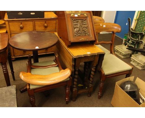 Oak barley twist gate leg dining table, set of three Victorian mahogany dining chairs, circular occasional table, Victorian c