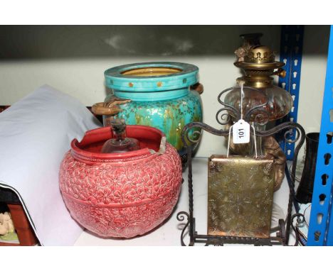 Burmantofts Faience jardiniere, blue Majolica style jardiniere, glass oil lamp, candlestick, gong, ink bottle, etc.