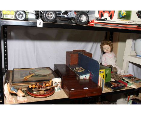 Vintage dolls, Lincoln International Lotus racing car, architects cased set, prints, maps, Sooty hand puppet, etc.