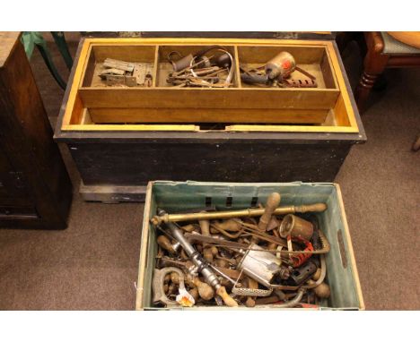 Pine tool trunk and contents, and box of tools.