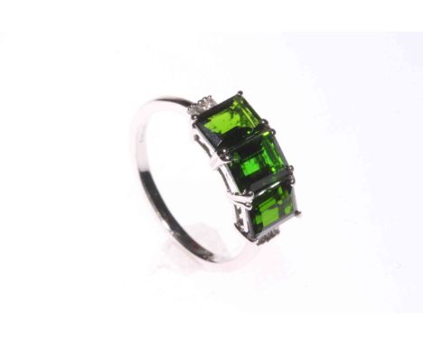 AAA Russian Diopside and Diamond ring set in 14k white gold with certificate, size P.