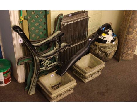 Two pairs of cast garden bench ends and lattice bench back, MacAllister petrol leaf blower, pair small rectangular garden pla