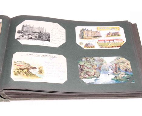Railway interest printed and photographic postcard album inc: Shildon Sidings 1909 station RP, Crewe station, Caledonian Stea