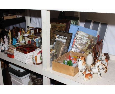 Silver table lighter, USSR animal figurines, wind up toys, Oriental porcelain, prints, books, walking stick, etc.