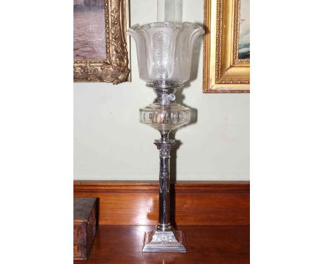 Adams style silver plated oil lamp with etched shade, 73cm high.