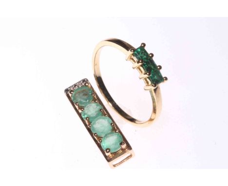 1.7 carat Zambian four Emerald and Diamond 9 carat gold pendant and Emerald 9 carat gold three stone ring, size P, with certi