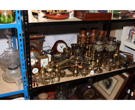 Large collection of brass and metalwares including five mantel clocks, alarm clock, vintage fire extinguisher, glassware, cop