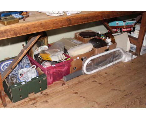 Five boxes of blue and white pottery, vinyls, Oriental wares, projector, glass wares, magazines,jewellery, pictures,  etc.